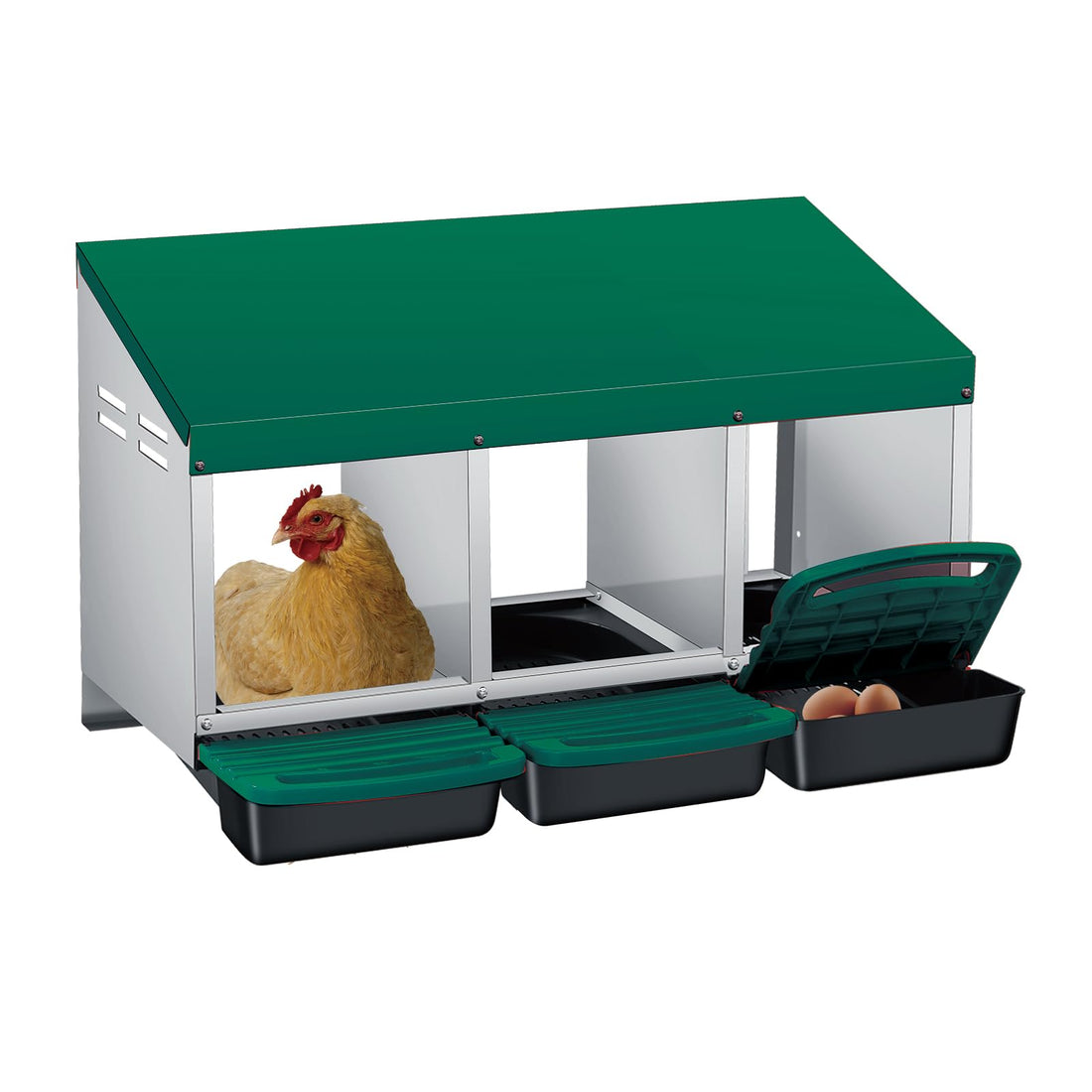 Nido per galline Garvee a 3 fori, in metallo, antiruggine, vassoio rimovibile, per fattoria e giardino