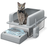 Lettiera per gatti Garvee XXL in acciaio inossidabile con bordo alto e paletta per gatti di grandi dimensioni e famiglie con più gatti, 23,6"x16", argento - 