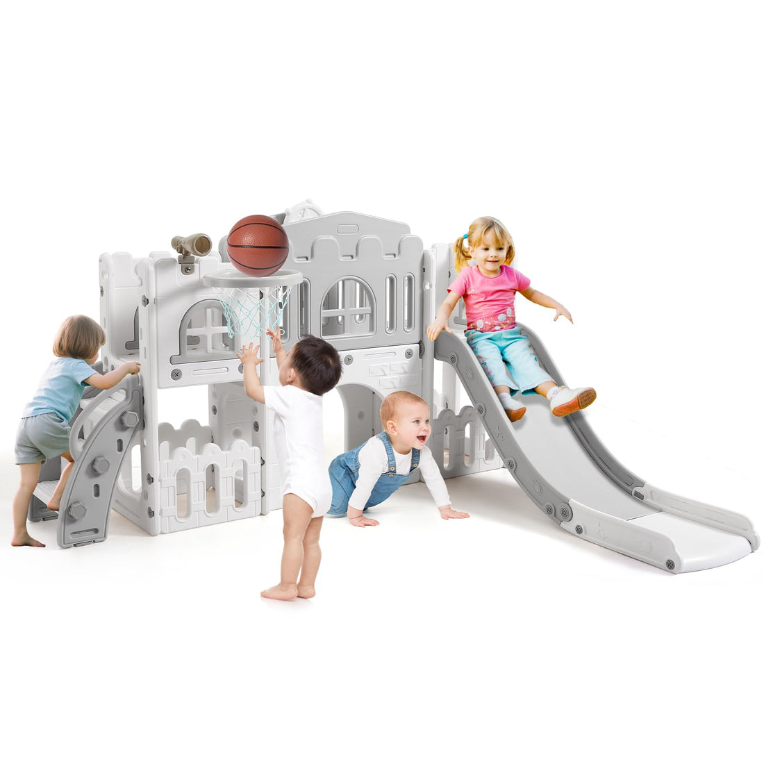 Scivolo per bambini Garvee 8 in 1 con struttura per arrampicata, telescopio, canestro da basket, tunnel e spazio di archiviazione per bambini da 1 a 3 anni, design moderno, multicolore