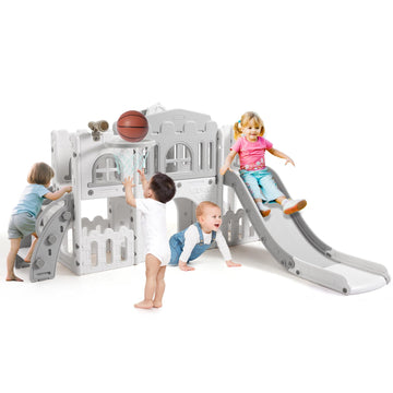 Scivolo per bambini Garvee 8 in 1 con struttura per arrampicata, telescopio, canestro da basket, tunnel e spazio di archiviazione per bambini da 1 a 3 anni, design moderno, multicolore