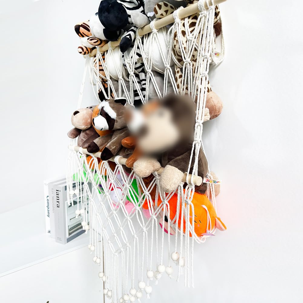 GARVEE Amaca portaoggetti per animali di peluche, corda di cotone, ampio spazio di archiviazione, regolabile, cameretta dei bambini e sala giochi, 78-118 cm, bianco