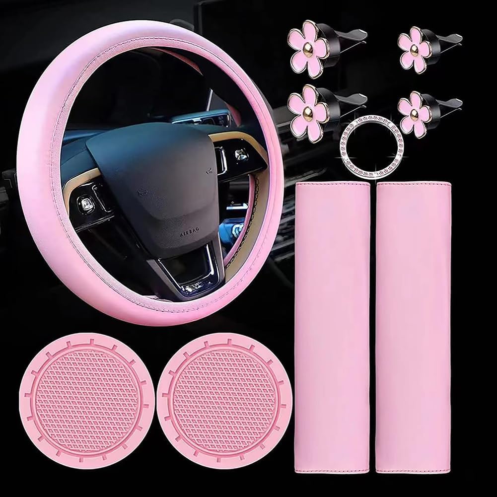 GARVEE Set di 10 accessori per auto in pelle nera per donna, coprivolante, cintura di sicurezza, spalline, portabicchieri, resistente, elegante, versatile