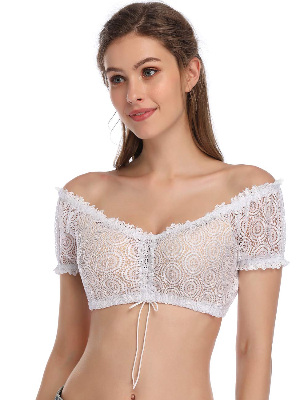 Camicetta Dirndl Garvee da donna, elegante camicetta in pizzo con coulisse, camicetta tradizionale a maniche corte per l'Oktoberfest, bianca, taglia 36