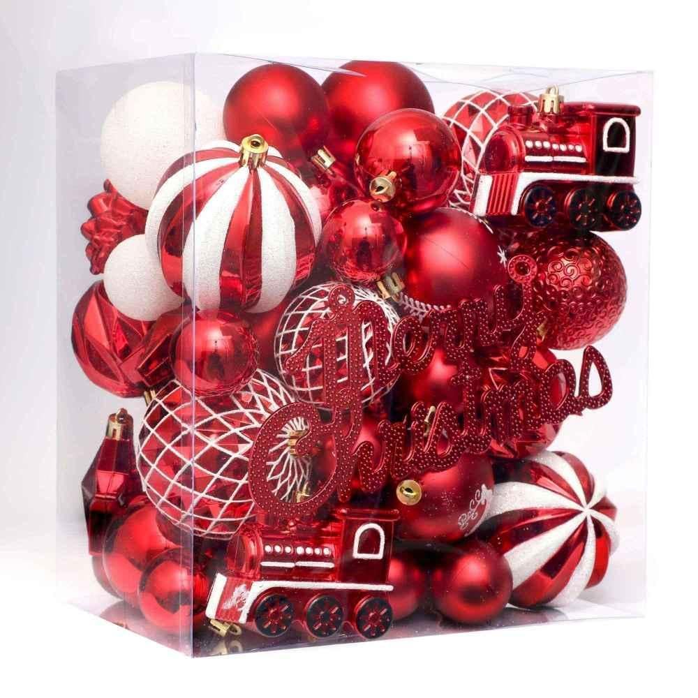 Set di palline di Natale Garvee da 65 pezzi, infrangibili, in plastica rossa e bianca, per decorazioni interne ed esterne