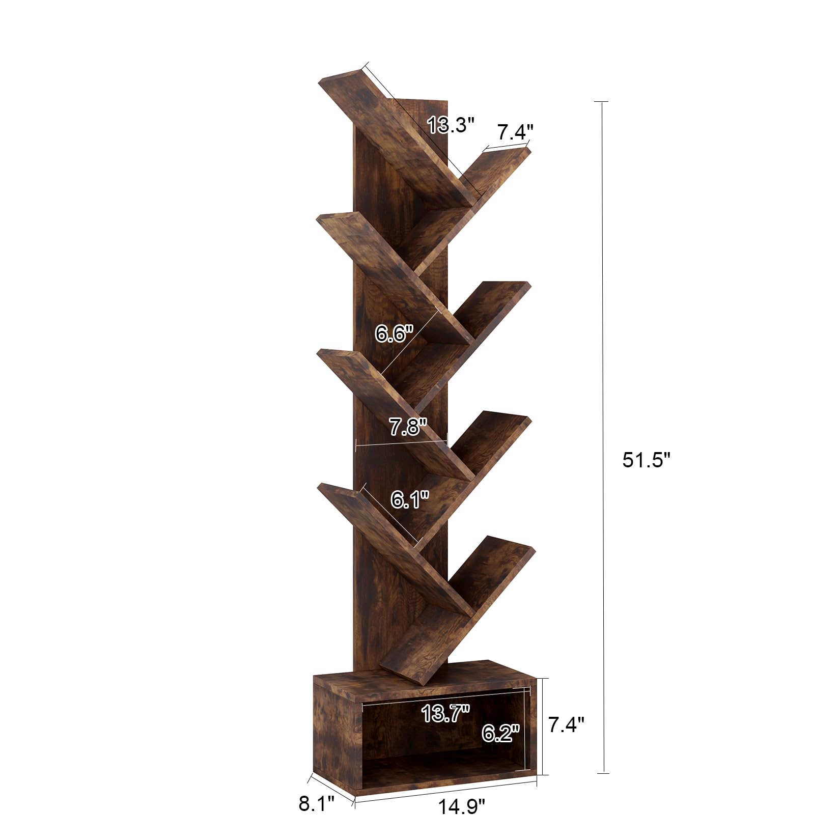 Libreria Garvee Tree, 8 ripiani, robusta e salvaspazio, in legno MDF, design vintage, per soggiorno e cameretta dei bambini, 37,5 cm di profondità x 20,5 cm di larghezza x 130 cm di altezza