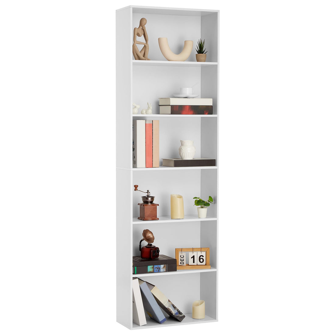 Libreria industriale Garvee a 6 ripiani bianca per soggiorno e ufficio, altezza 71,4" in legno rustico, capacità di 250 libbre, sicura e versatile.