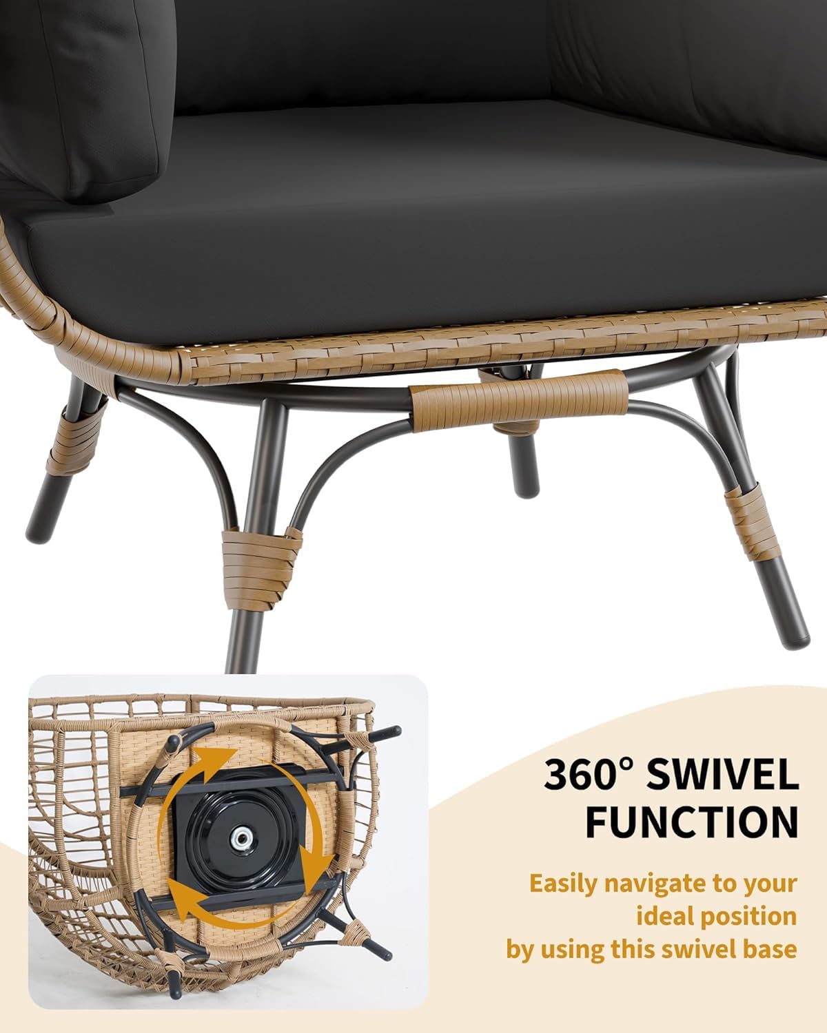 Sedia a uovo girevole a 360° Garvee in rattan con struttura in acciaio per patio e giardino, oversize, resistente alle intemperie, per interni/esterni, con 4 cuscini, nera
