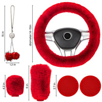 Garvee Coprivolante Soffice 6 Pezzi Accessori Auto in Peluche Rosso Invernale per Volante Freno a Mano Pomello del Cambio