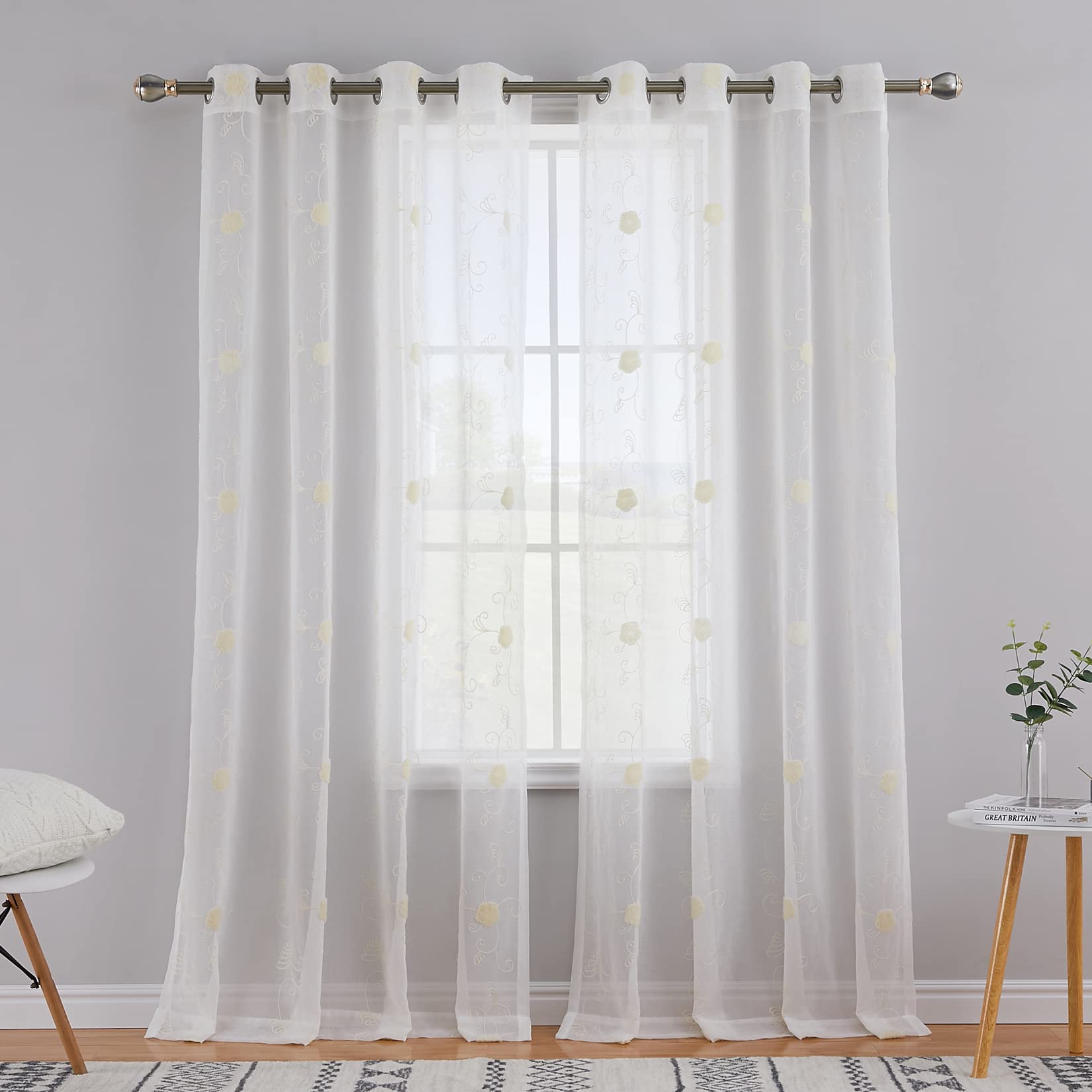 Tenda in voile GARVEE con motivo floreale, semitrasparente, beige, 140x245 cm, per cucina e bagno, leggera, facile da pulire