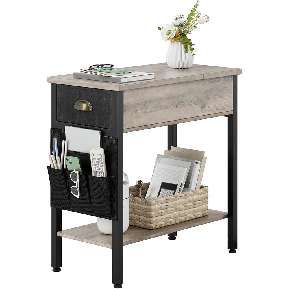 Tavolino laterale GARVEE con cassetto e tasca in tessuto - Comodino versatile in stile retrò per soggiorno e camera da letto (60x32x60 cm, grigio)