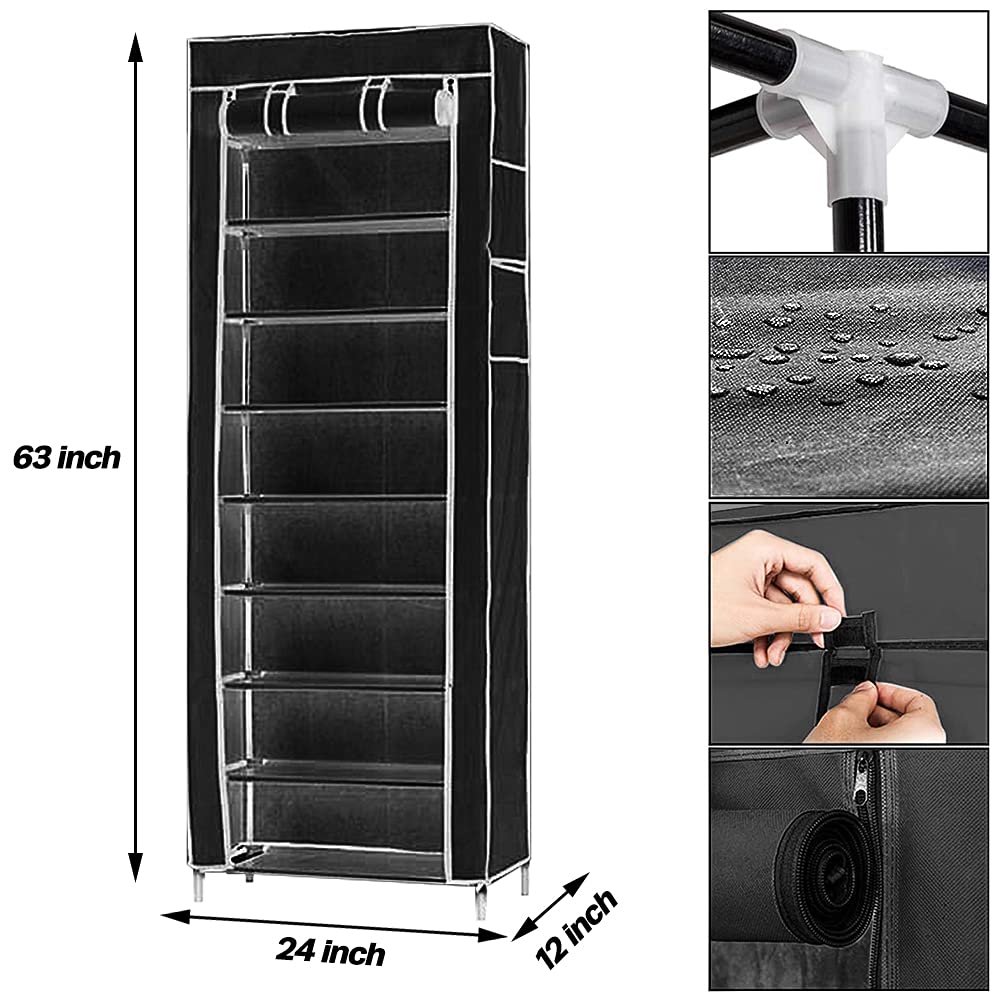 Scarpiera Garvee a 9 ripiani, scarpiera con cerniera, struttura in metallo, antipolvere, 30 x 60 x 160 cm, nero