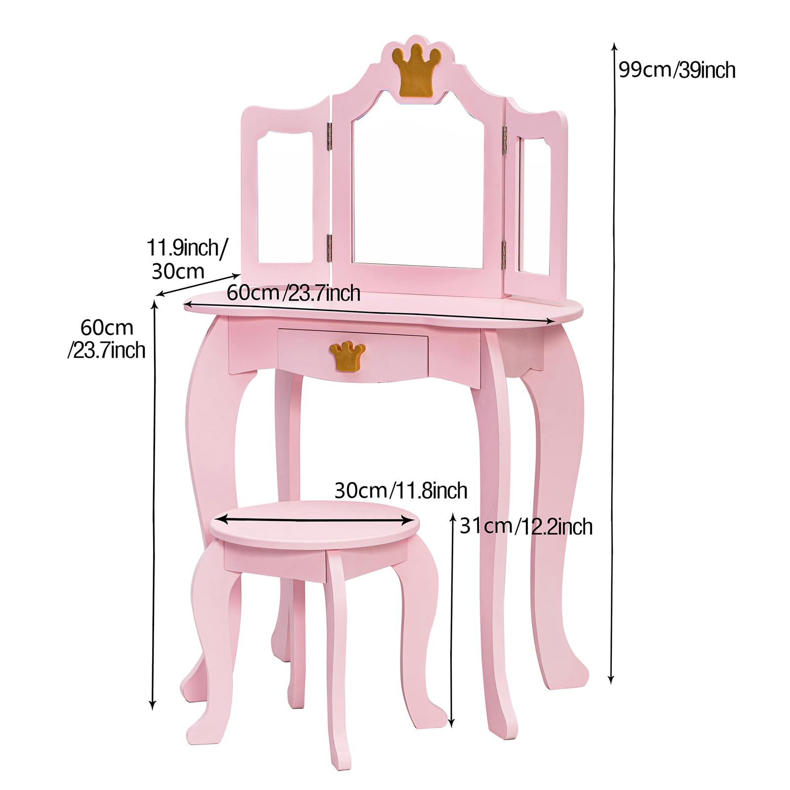 Garvee Tocador Infantil De Madera 2 En 1 Con Espejo Triple Plegable Y Cajón Para Niñas, Diseño Princesa, MDF Resistente, Taburete, Habitación Infantil