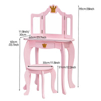 Garvee Tocador Infantil De Madera 2 En 1 Con Espejo Triple Plegable Y Cajón Para Niñas, Diseño Princesa, MDF Resistente, Taburete, Habitación Infantil