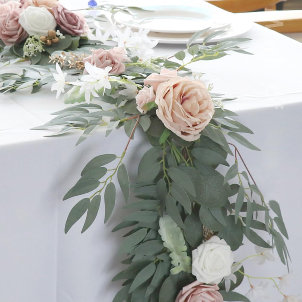 Garvee Ghirlanda Artificiale di Eucalipto con Rose Vintage, 180CM, Fiori Realistici, Mano Intrecciata, Foglie Naturali, Decorazione per Matrimoni e Tavoli
