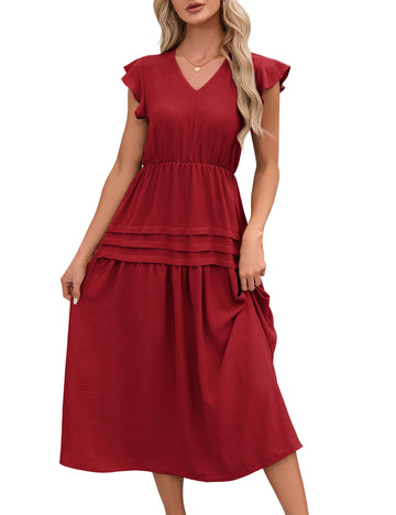 Abito estivo retrò alla moda da donna Garvee con maniche fluenti, elegante, rosso vino, taglia M
