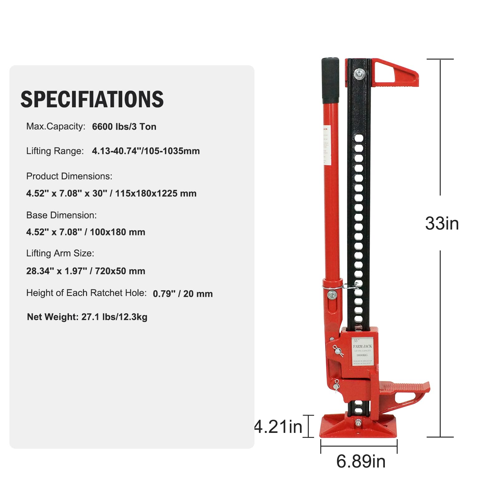 Cric agricolo Garvee High Lift da 33" e 3 tonnellate di capacità, in acciaio, compatto, per auto, camion, ATV, SUV, altezza regolabile da 6" a 27,5"