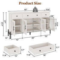 Mobile buffet Garvee da 62'' con spazio di archiviazione, 3 cassetti, 4 ante in vetro scanalato per cucina e sala da pranzo, legno e metallo, robusto, versatile