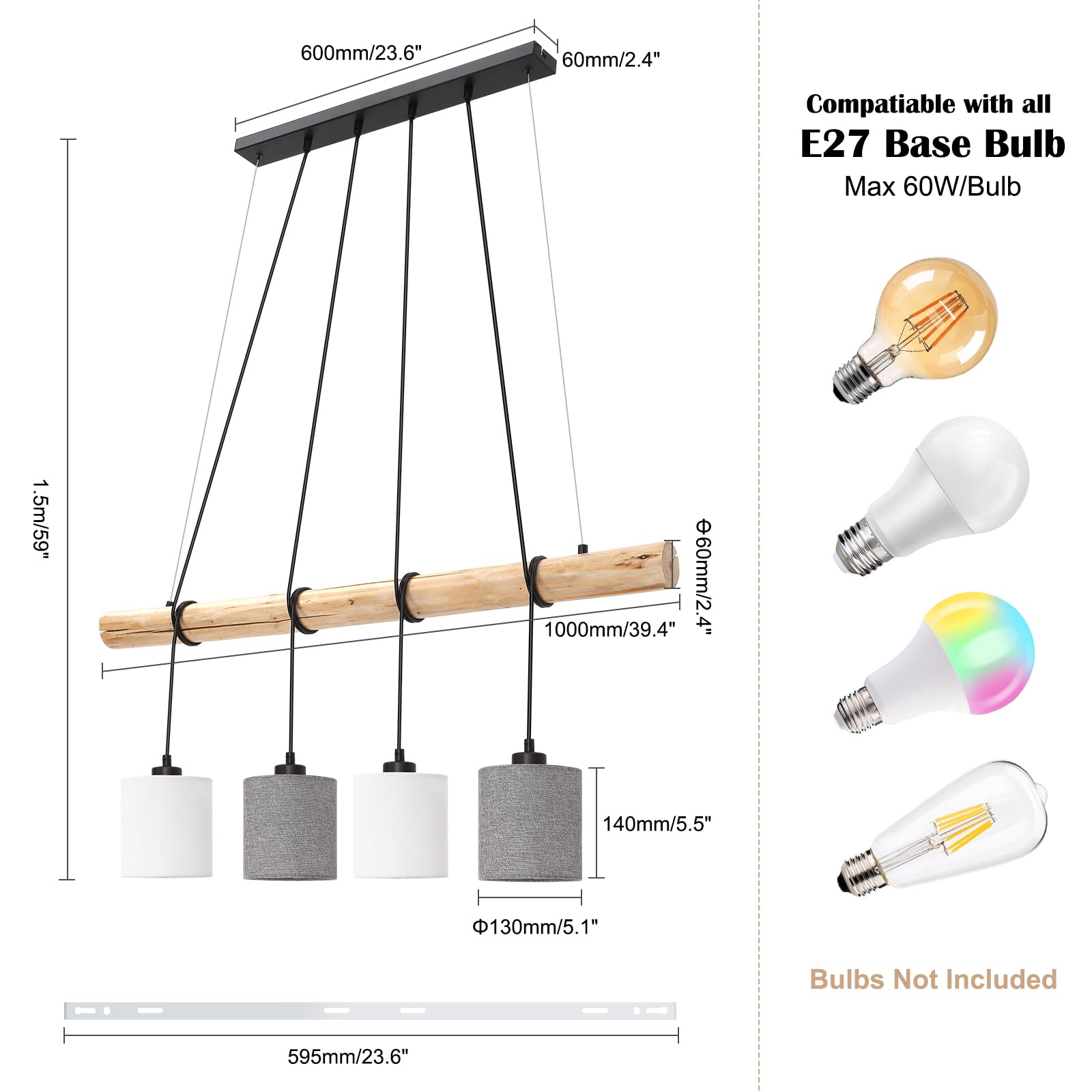 Lampada da tavolo da pranzo moderna in legno retrò GARVEE | Altezza regolabile fino a 135 cm e 4 paralumi in tessuto | Decorazione per soggiorno, sala da pranzo
