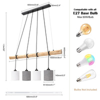 Garvee Lampada A Sospensione Da Tavolo In Legno 4 Lampadine Paralume In Tessuto Stile Moderno Bianco/Grigio Per Soggiorno Altezza Max 135 Cm