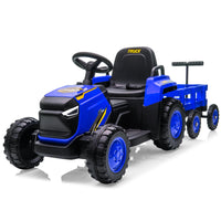 Trattore elettrico per bambini Garvee con rimorchio staccabile, 12 V, 6 pneumatici, telecomando, musica, doppio motore, fari a LED, blu, per giardino e cortile