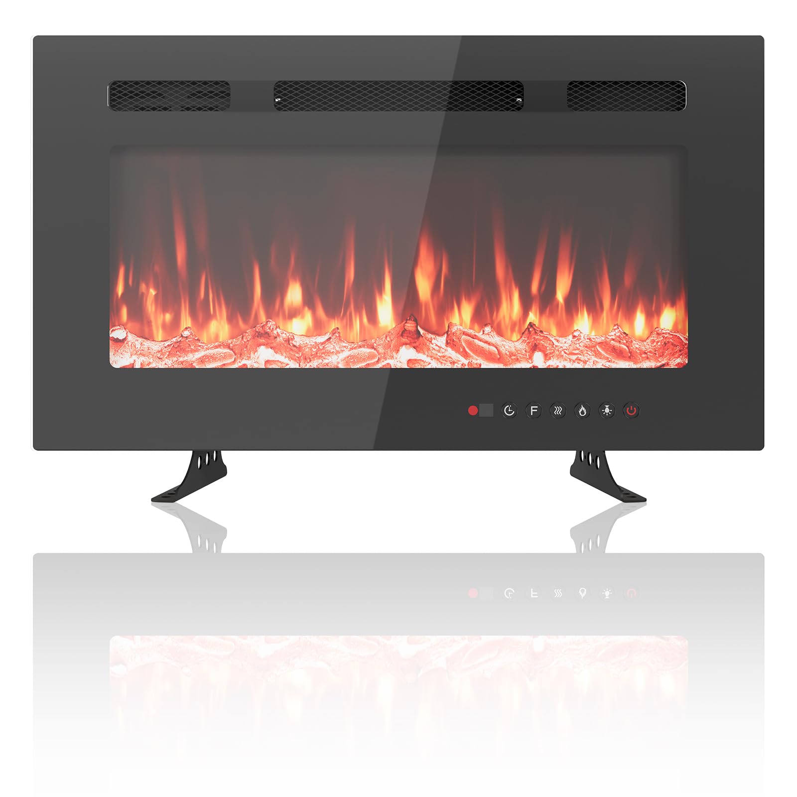 Camino elettrico Garvee, ultrapiatto, da parete, possibilità di installazione a incasso, con telecomando, riscaldatore da 1800 W, 12 colori, timer fino a 12 ore, certificato ETL per 37 m², design moderno, frontale in vetro e aspetto legno/cristallo