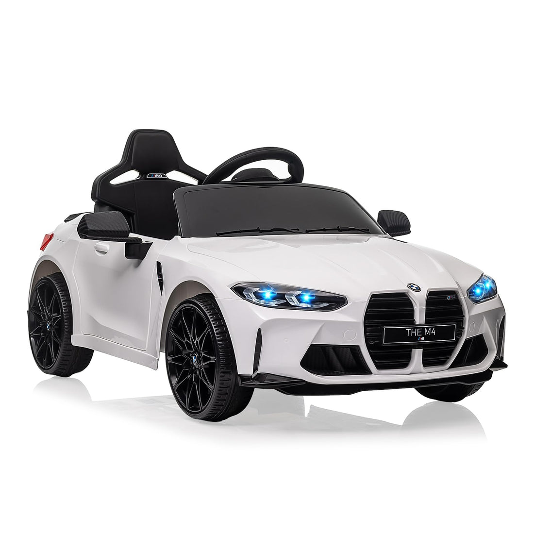 Garvee Kids Electric Car BMW M4 con licenza 12V con LED, musica, cintura di sicurezza, telecomando, metallo PP, giocattolo per esterni, 3 km/h, nero