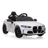 Garvee Kids Electric Car BMW M4 con licenza 12V con LED, musica, cintura di sicurezza, telecomando, metallo PP, giocattolo per esterni, 3 km/h, nero - Bianco