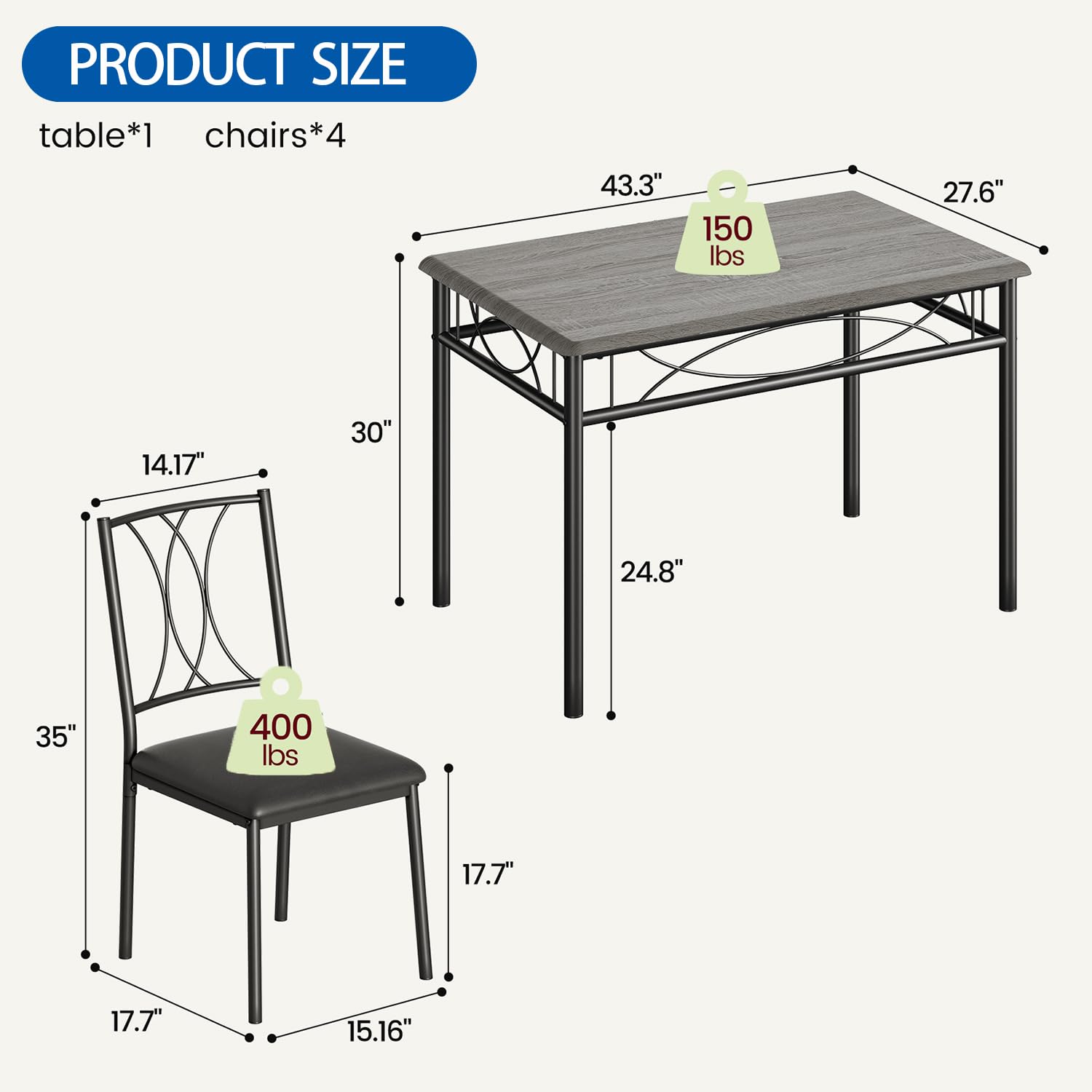 Set da pranzo Garvee per 4 persone con sedie imbottite, legno, design retrò, pannello MDF, struttura in metallo, salvaspazio, piccoli appartamenti, nero rustico