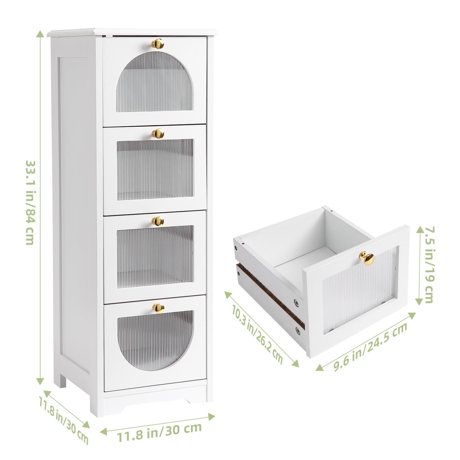 Mobiletto da bagno Garvee con 4 cassetti, impermeabile, legno bianco, maniglie dorate, compatto per bagno e soggiorno, 11,8x11,8x33,1 pollici