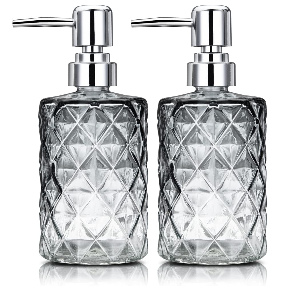 Garvee Set di 2 dispenser di sapone in vetro da 12 once con design a diamante, pompa in acciaio inossidabile, nero trasparente, per bagno e cucina