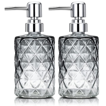 Garvee Set di 2 dispenser di sapone in vetro da 12 once con design a diamante, pompa in acciaio inossidabile, nero trasparente, per bagno e cucina