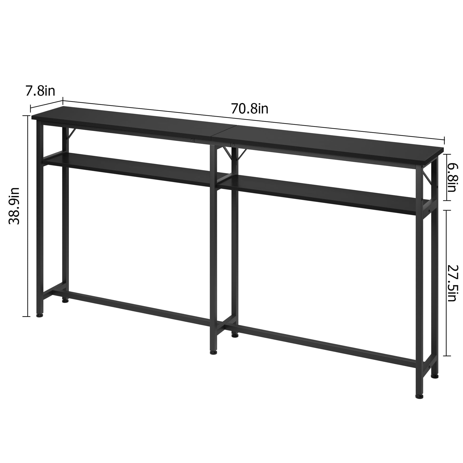 GARVEE Tavolo consolle stretto 180x23x100 cm, 2 ripiani, spazio di archiviazione, extra lungo, legno, nero, per corridoio e soggiorno