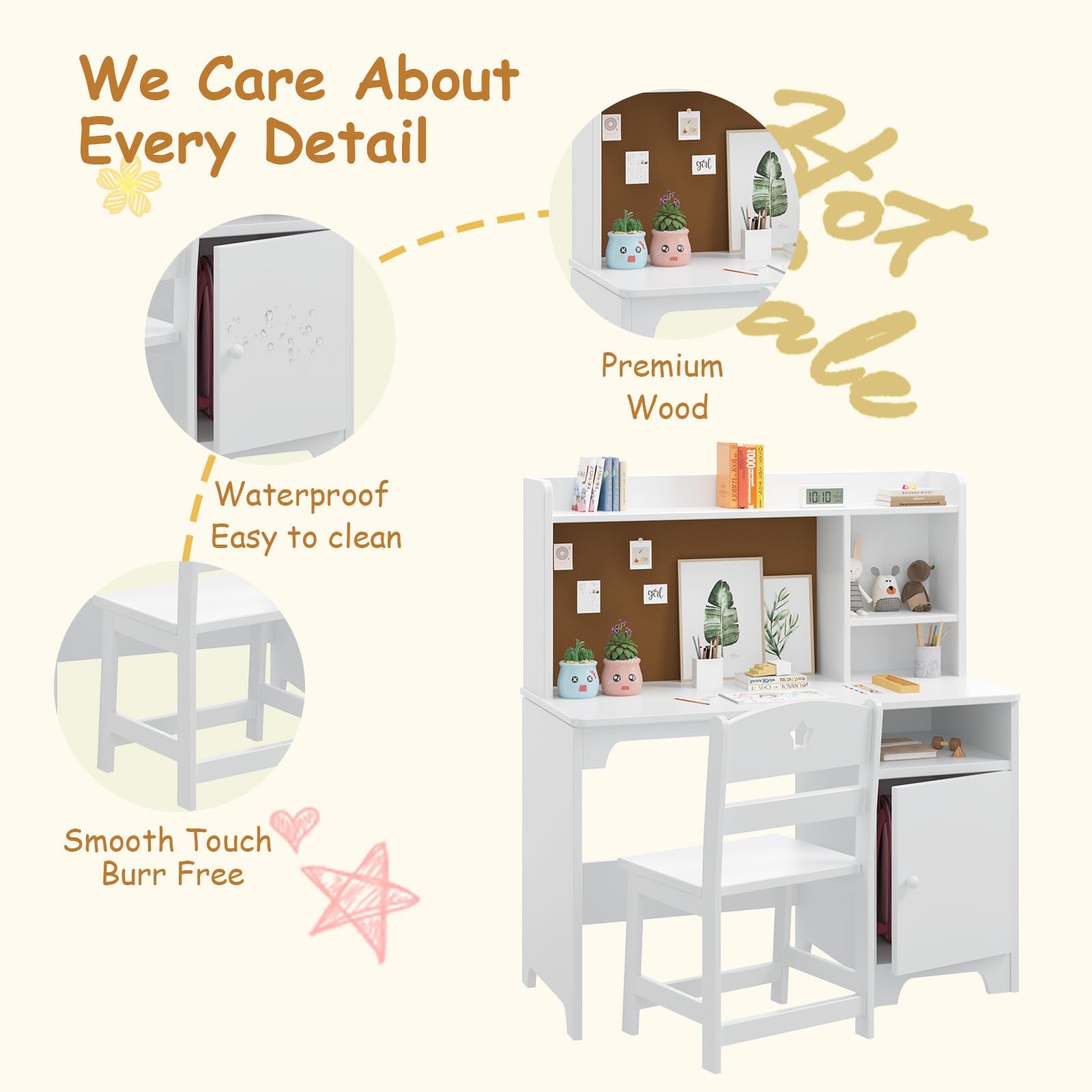 Set da scrivania per bambini Garvee, in legno, bianco, con ripiano e spazio di archiviazione, sedia ergonomica per imparare e giocare