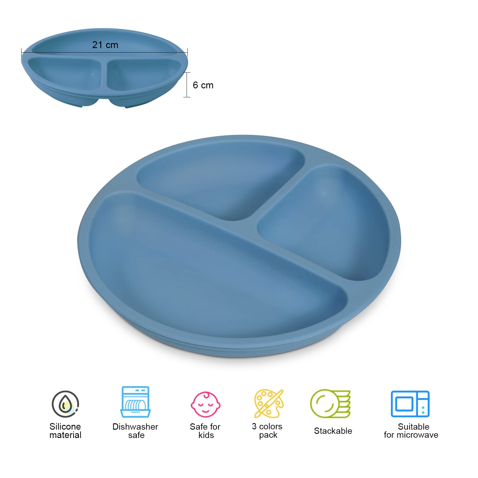 Piatti in silicone Garvee Baby, tovagliette antiscivolo per bambini con ventose, senza BPA, per bambini piccoli, 3 pezzi, blu, verde, grigio