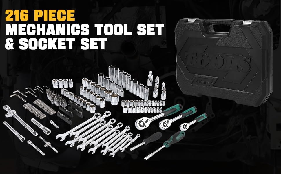 Set di utensili Garvee da 216 pezzi con attacco da 1/4", 3/8" e 1/2", cricchetto a cambio rapido a 72 denti, custodia robusta per riparazioni auto e domestiche