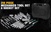 Set di utensili Garvee da 216 pezzi con attacco da 1/4", 3/8" e 1/2", cricchetto a cambio rapido a 72 denti, custodia robusta per riparazioni auto e domestiche