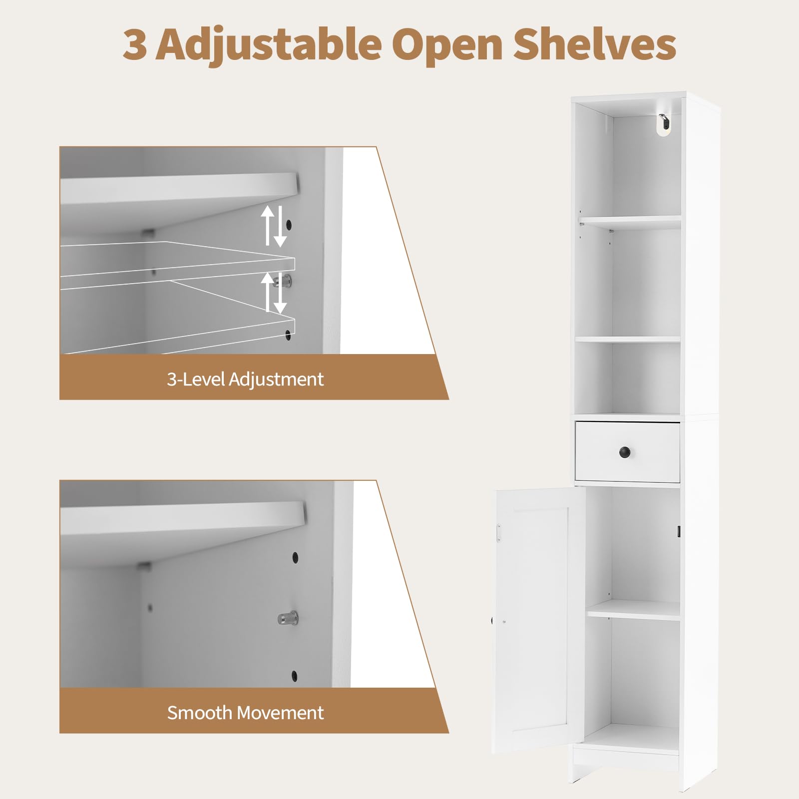 Mobiletto da bagno alto Garvee da 170 cm con ante scorrevoli, 3 ripiani, legno, nero, versatile per bagno e corridoio, sottile