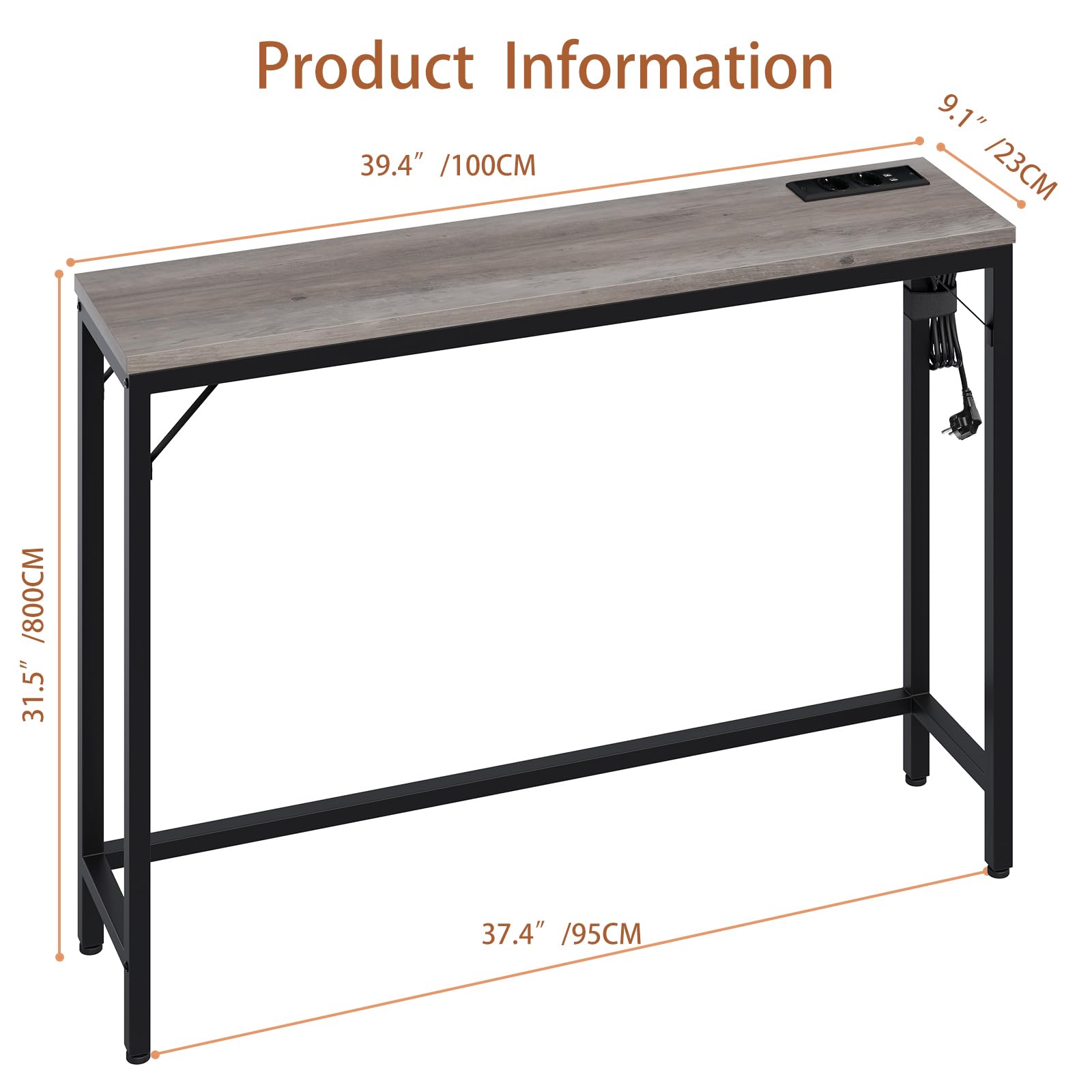 GARVEE Tavolo Consolle Stretto con Porta USB, 100x23x80 cm, Legno Vintage, Marrone e Nero, per Ingresso e Soggiorno