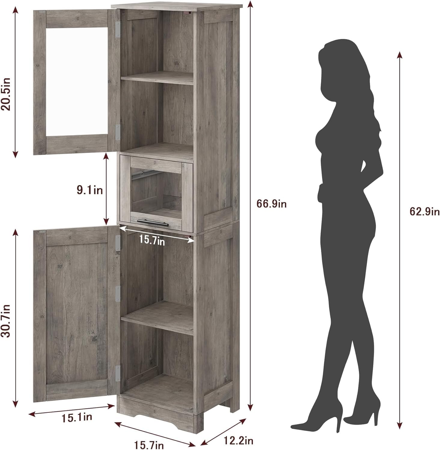 Mobile da bagno alto e stretto Garvee con ripiano regolabile per piccoli spazi, 170 cm, MDF, design moderno, ante con vetro, bianco