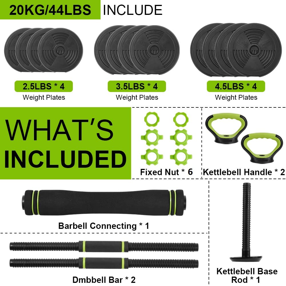 Garvee Manubri regolabili 4 in 1 set con bilanciere, kettlebell, maniglie per flessioni, materiale ABS, antiscivolo, 5-21 libbre, per allenamenti a casa