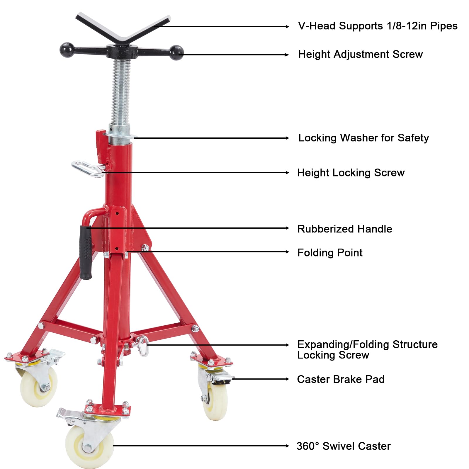 Supporto per tubi Garvee con testa a V, altezza regolabile da 28 a 52 pollici, pieghevole, acciaio, capacità di carico di 1100 libbre, con ruote, stabile, per saldatura, officina e industria