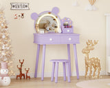 Garvee Tavolo Trucco Bambini Orso con Luci LED Viola, Specchio Regolabile, Legno FSC, Cassetti Organizzati, Sgabello Fiore per Camerette e Giochi - Viola