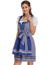 Garvee Costume tradizionale Dirndl Oktoberfest da donna, 3 pezzi, unico, gonna midi, abito, camicetta, grembiule, a quadri, blu, taglia M