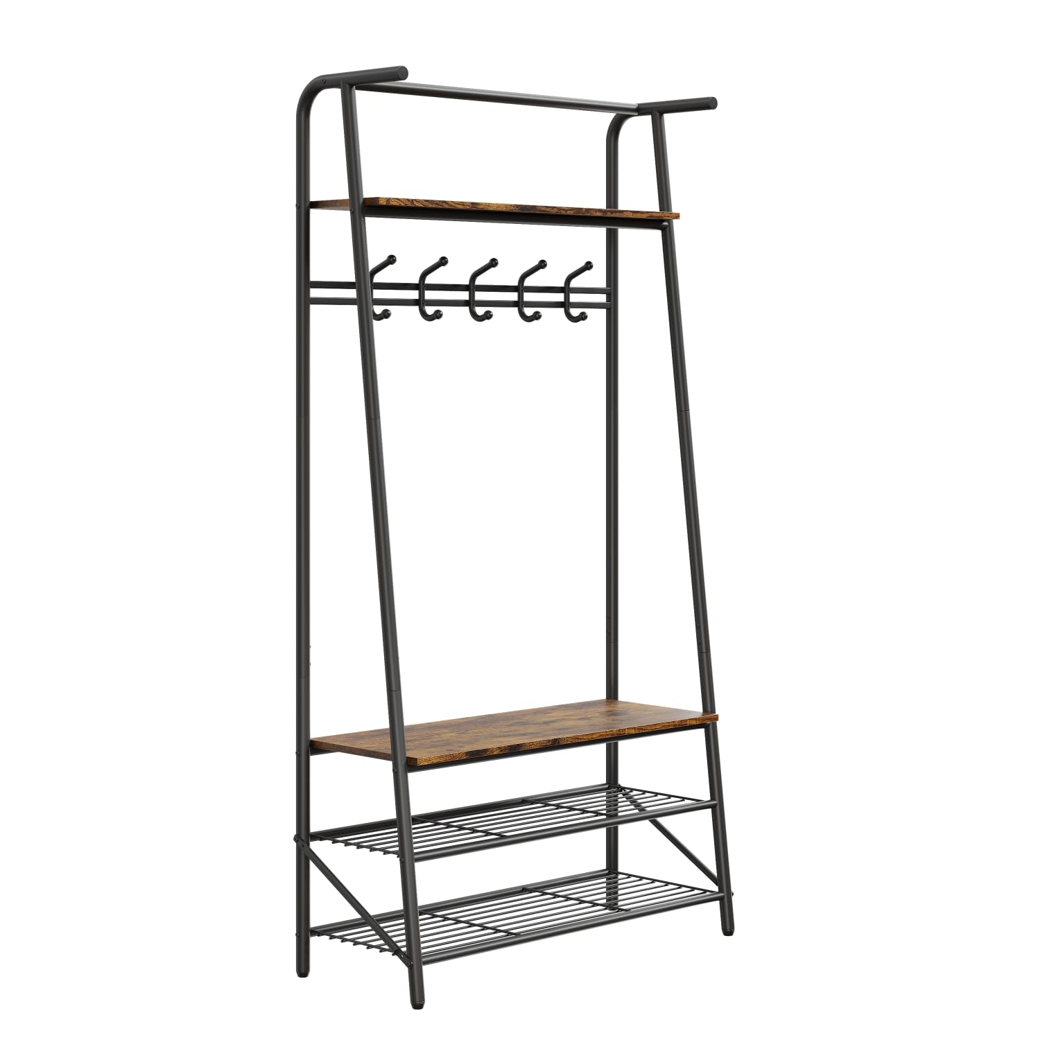 Appendiabiti e scarpiera Garvee 4 in 1 – Struttura in metallo effetto legno, 5 ganci e panca per corridoio e ingresso