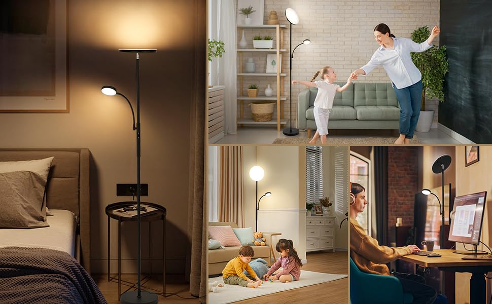 Lampada da terra a LED GARVEE, dimmerabile con luce di lettura, per soggiorno, camera da letto, ufficio, 175 cm, nero