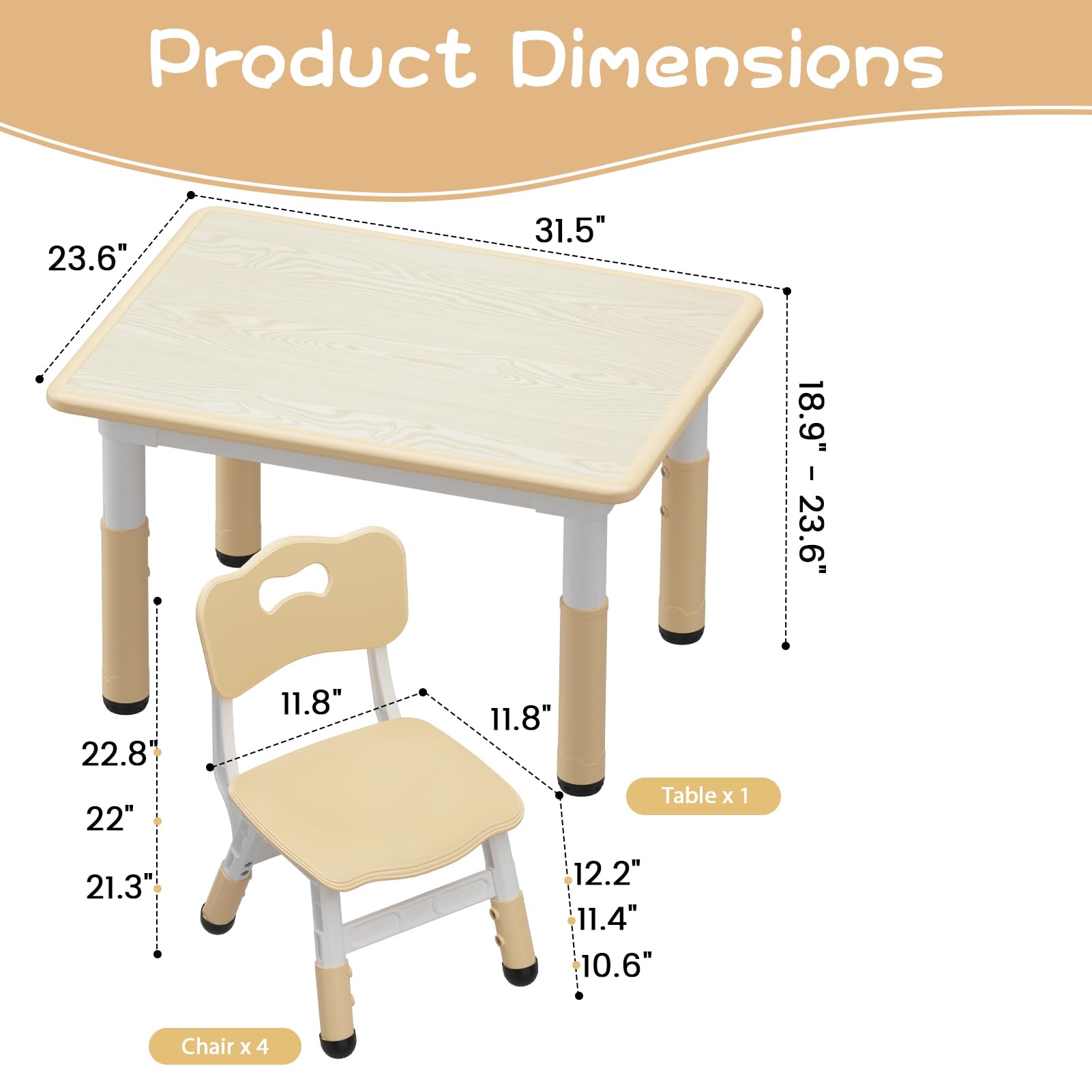 Garvee Tavolo Bambini con 4 Sedie Regolabile Altezza, Piano Scrivibile, Piedi Antiscivolo, Legno Rovere, Casa e Scuola, Multicolore