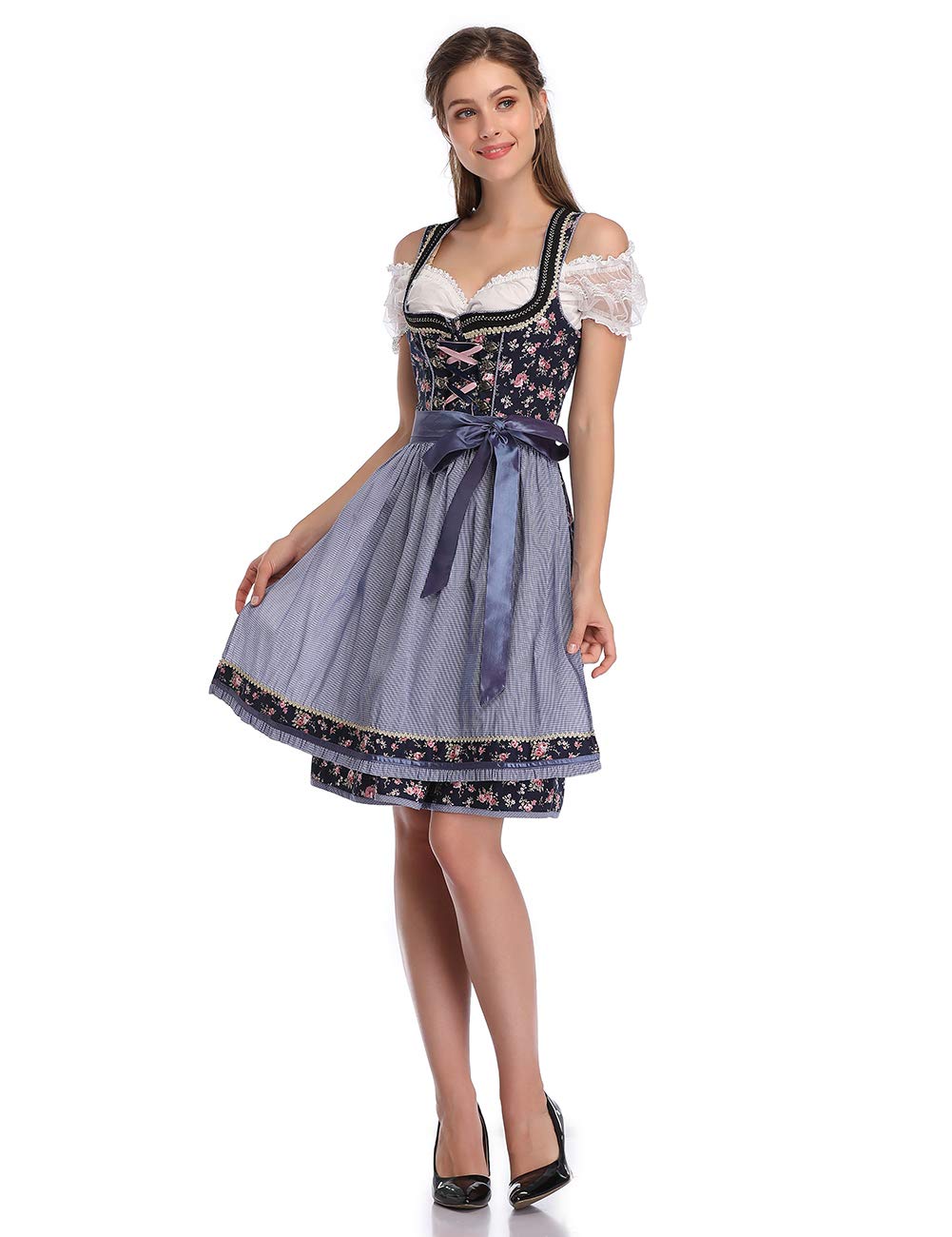 Abito tradizionale Dirndl da donna Garvee, abito midi in 3 pezzi, camicetta e grembiule, motivo floreale blu navy, Oktoberfest