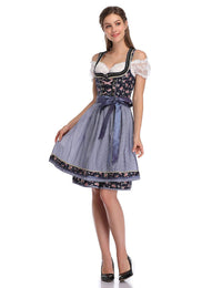 Abito tradizionale Dirndl da donna Garvee, abito midi in 3 pezzi, camicetta e grembiule, motivo floreale blu navy, Oktoberfest