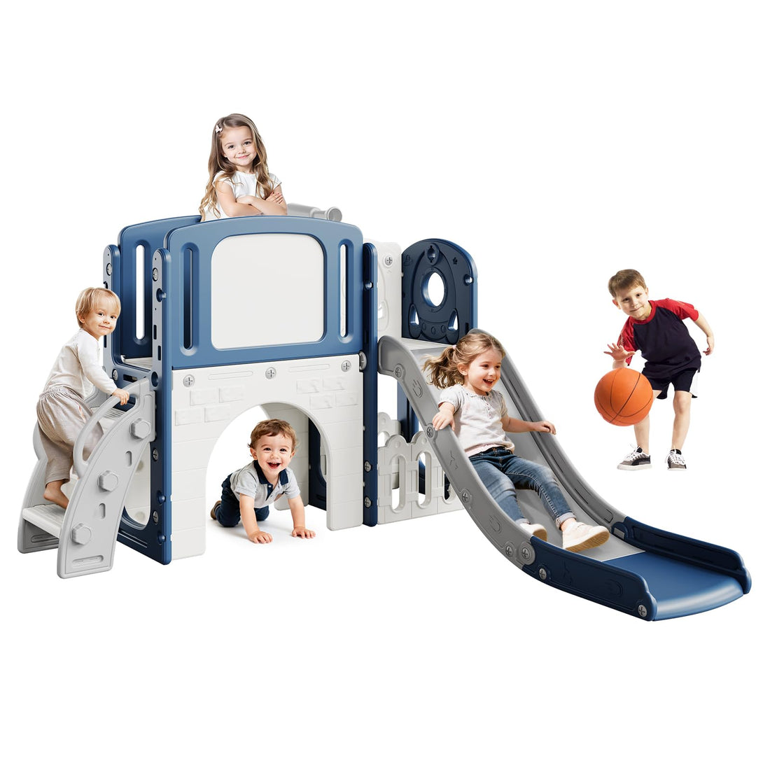 Garvee 8 in 1 Scivolo per bambini, set da gioco per interni ed esterni, con scala di arrampicata e canestro da basket, stabile, sicuro, HDPE, per giardino e soggiorno, colorato
