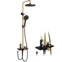 GARVEE Doccia a pioggia senza rubinetto con mensola, sistema doccia in acciaio inox, colonna doccia regolabile 74-114 cm, nero e oro, soffione da 25 cm